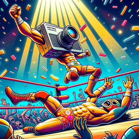 DALL·E 2023-12-17 07.30.12 - Continuing the dynamic, cartoon-style wrestling match series, create two more illustrations with heightened drama and excitement. In the fifth image,