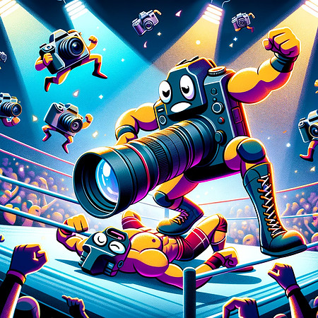 DALL·E 2023-12-17 07.29.11 - Visualize a series of vibrant, cartoon-style illustrations showing the anthropomorphized camera wrestler from the previous image in different stages o