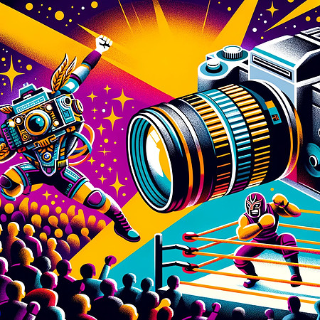 DALL·E 2023-12-17 07.29.15 - Visualize a series of vibrant, cartoon-style illustrations showing the anthropomorphized camera wrestler from the previous image in different stages o