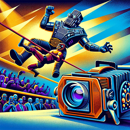 DALL·E 2023-12-17 07.29.50 - Create a continuation of the vibrant, cartoon-style wrestling match series featuring the anthropomorphized camera wrestler. In the third image, show a