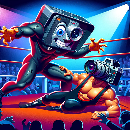 DALL·E 2023-12-17 07.29.49 - Create a continuation of the vibrant, cartoon-style wrestling match series featuring the anthropomorphized camera wrestler. In the third image, show a
