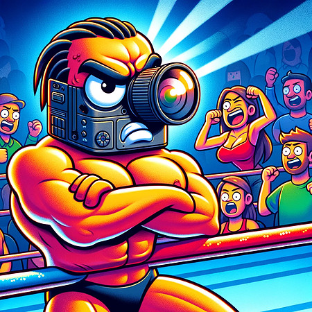 DALL·E 2023-12-17 07.35.47 - Continuing the vibrant cartoon-style wrestling series, create an illustration showing the wrestler camera's opponent reacting to the presence of the w