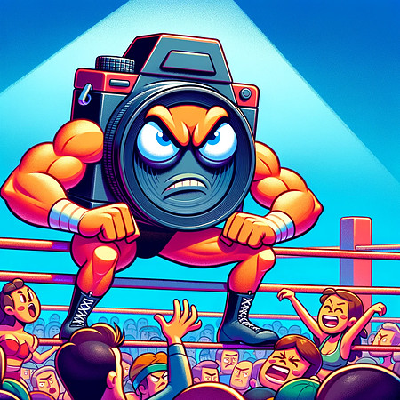 DALL·E 2023-12-17 07.35.14 - Continuing the vibrant cartoon-style wrestling series, create an illustration showing the wrestler camera's opponent reacting to the presence of the w
