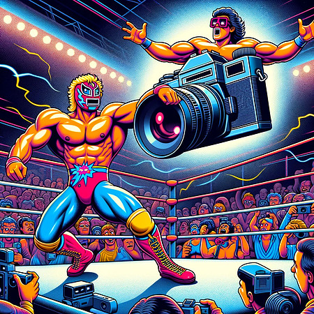 DALL·E 2023-12-17 07.37.19 - Create illustrations in the style of 1980s professional wrestling, blending it with the ongoing cartoon-style camera wrestling series. In the first im