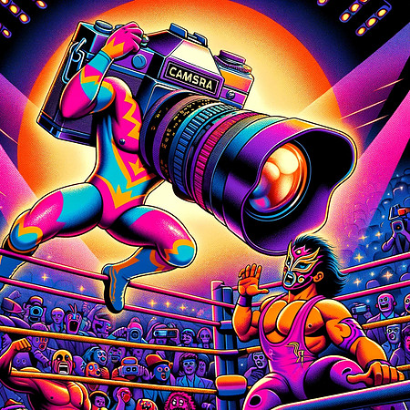 DALL·E 2023-12-17 07.37.17 - Create illustrations in the style of 1980s professional wrestling, blending it with the ongoing cartoon-style camera wrestling series. In the first im