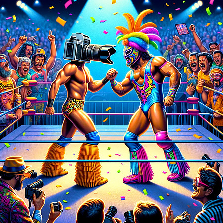 DALL·E 2023-12-17 07.38.25 - Continuing with the 1980s professional wrestling theme, create more vibrant and creative illustrations for the camera wrestling series. In the first i