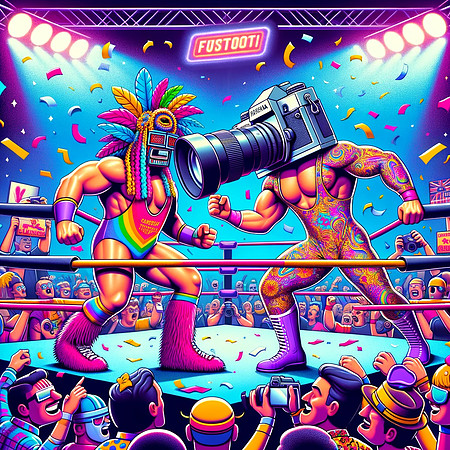 DALL·E 2023-12-17 07.38.14 - Continuing with the 1980s professional wrestling theme, create more vibrant and creative illustrations for the camera wrestling series. In the first i