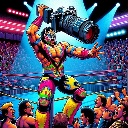 DALL·E 2023-12-17 07.41.57 - Continuing with the original style of the 1980s professional wrestling-themed camera series, create more dynamic and engaging illustrations. In the fi