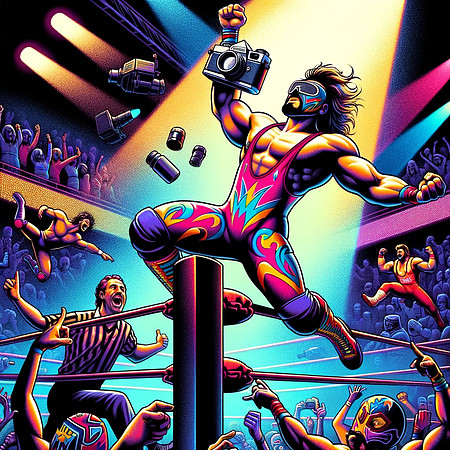 DALL·E 2023-12-17 07.42.00 - Continuing with the original style of the 1980s professional wrestling-themed camera series, create more dynamic and engaging illustrations. In the fi