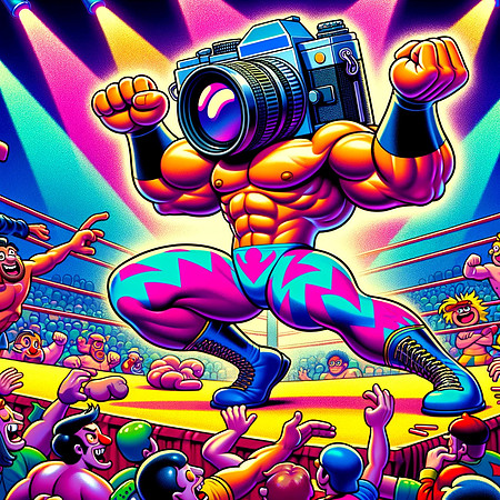 DALL·E 2023-12-17 07.42.50 - Emphasizing the cartoon camera aspect, continue the 1980s professional wrestling-themed series with more colorful and animated illustrations. The firs