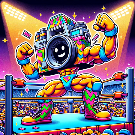 DALL·E 2023-12-17 07.42.52 - Emphasizing the cartoon camera aspect, continue the 1980s professional wrestling-themed series with more colorful and animated illustrations. The firs