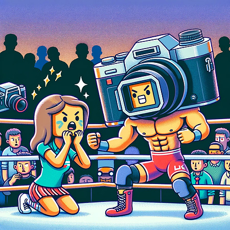 DALL·E 2023-12-17 07.33.33 - Create an illustration showing the wrestler camera and its girlfriend together in the wrestling ring, adding a new dynamic to the cartoon-style wrestl