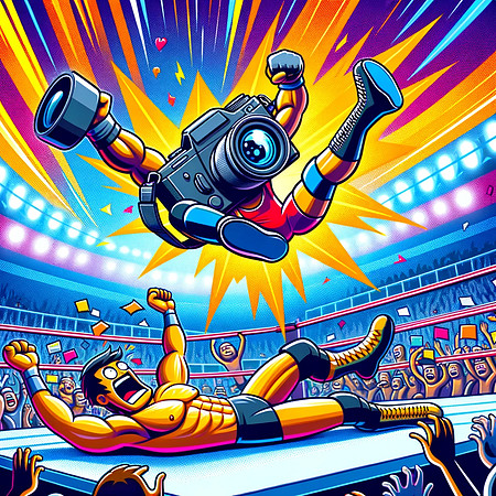 DALL·E 2023-12-17 07.30.15 - Continuing the dynamic, cartoon-style wrestling match series, create two more illustrations with heightened drama and excitement. In the fifth image,