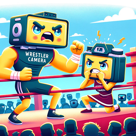 DALL·E 2023-12-17 07.34.26 - Create an illustration showing the wrestler camera and its girlfriend together in the wrestling ring, adding a new dynamic to the cartoon-style wrestl